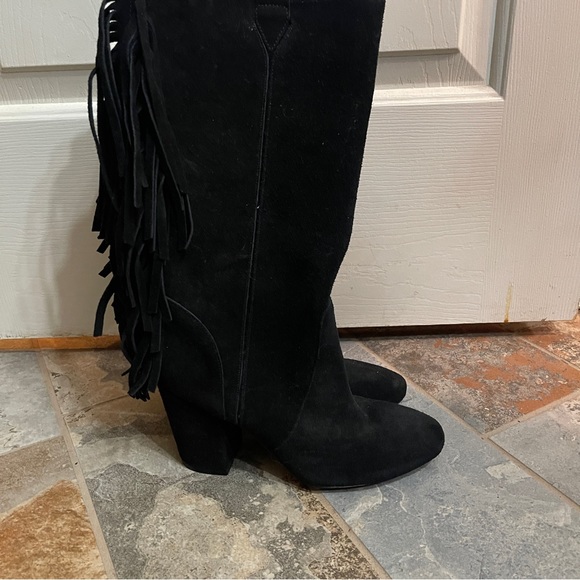 🎄Gorgeous Nine West Black Suede Fringe Knee High Pull On Boots! - Picture 5 of 9